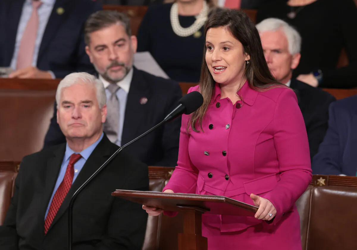Rep. Elise Stefanik (R-N.Y.) delivers remarks to nominate Rep. Jim Jordan (R-Ohio) for speaker of the House as the House of Representatives prepares to vote on a new speaker at the U.S. Capitol Building in Washington on Oct. 17, 2023. (Win McNamee/Getty Images)