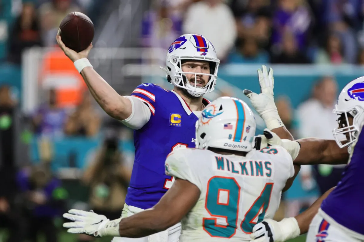 Buffalo Bills quarterback Josh Allen (17) throws the football against the Miami Dolphins during the fourth quarter at Hard Rock Stadium in Miami Gardens, Fla., on Jan. 7, 2024. (Sam Navarro-USA TODAY Sports via Field Level Media)