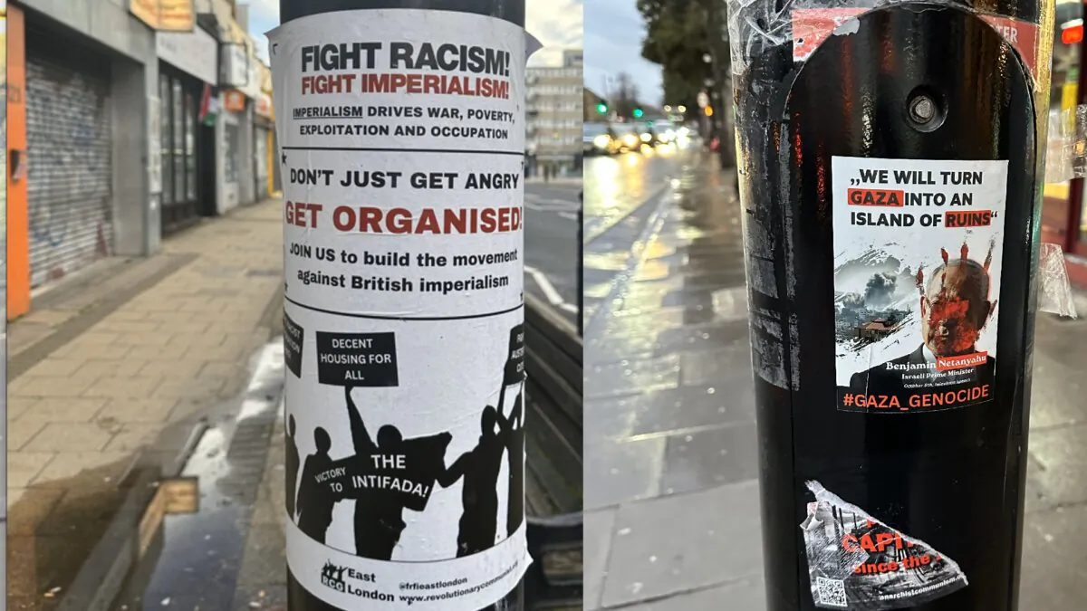 Undated images of allegedly inflammatory posters about the Israel-Hamas conflict put up in the London Borough of Tower Hamlets in east London. (UK Lawyers for Israel)