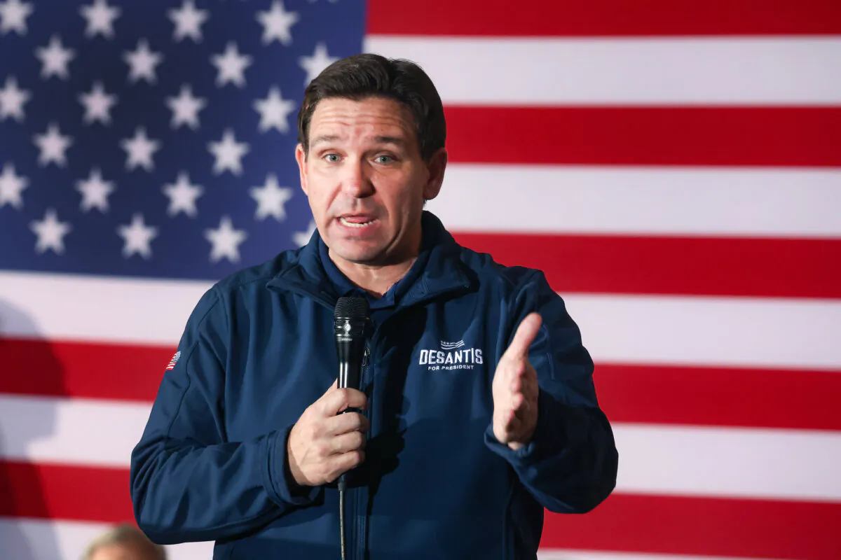 Republican presidential candidate Florida Gov. Ron DeSantis speaks to guests during a campaign rally at the Thunderdome in Newton, Iowa, on Dec. 2, 2023. (Scott Olson/Getty Images)