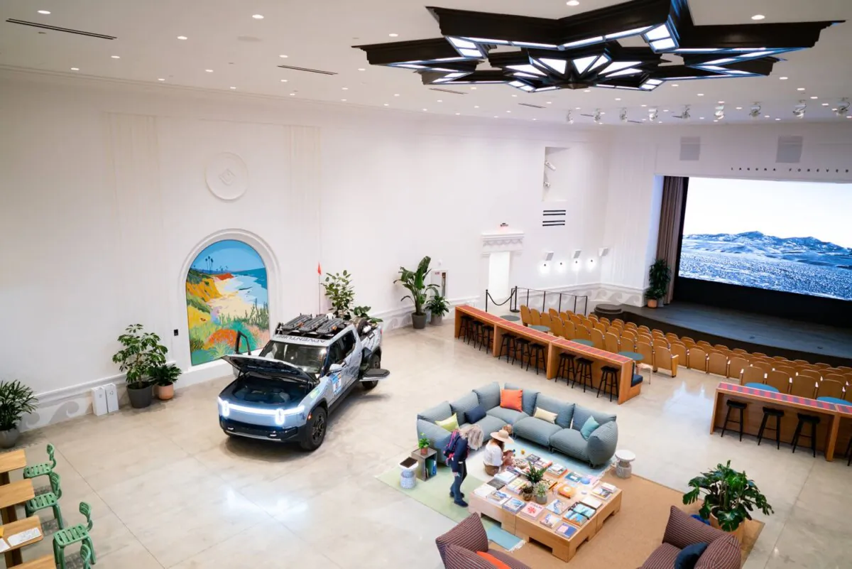 A photo of South Coast Theatre, which was built in 1934, after being renovated by Rivian Automotive, an Irvine-based electric vehicle manufacturer, in 2023 to serve as a new flagship venue for the company in Laguna Beach, Calif. (Courtesy of Rivian Automotive)