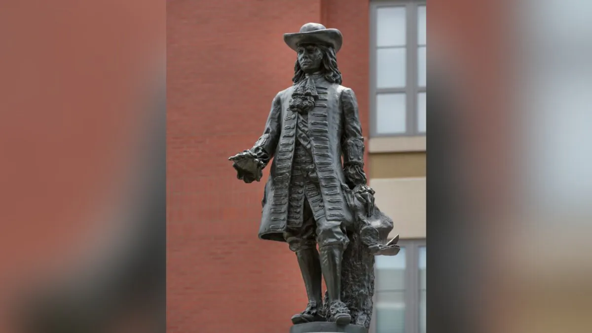 This undated image shows a statue of William Penn, founder of Pennsylvania, located in "Welcome Park" on 2nd Street between Chestnut and Walnut Streets in Philadelphia. (U.S. National Park Service/Public Domain)