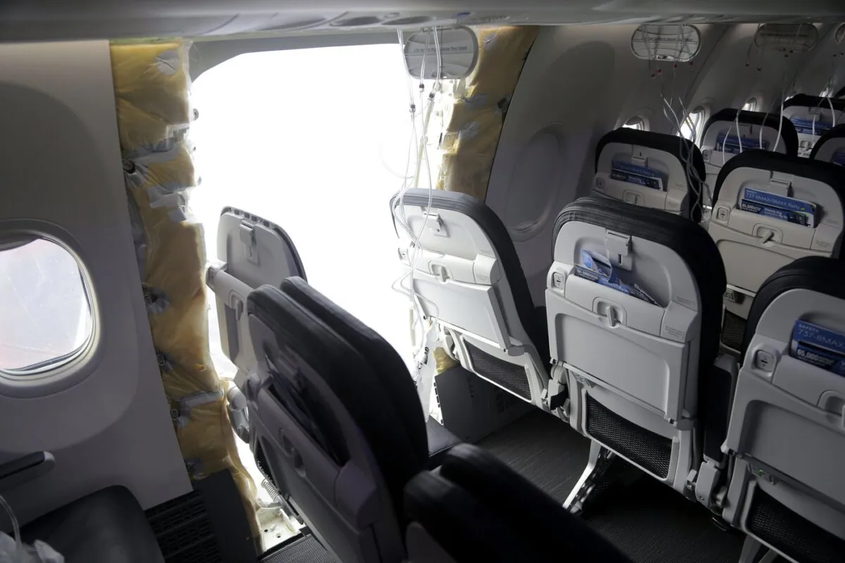 The hole where the blown-off door on the fuselage had been on Alaska Airlines Flight 1282 in Portland, Ore., seen here on Jan. 7, 2024. (The Canadian Press/AP-HO, National Transportation Safety Board)