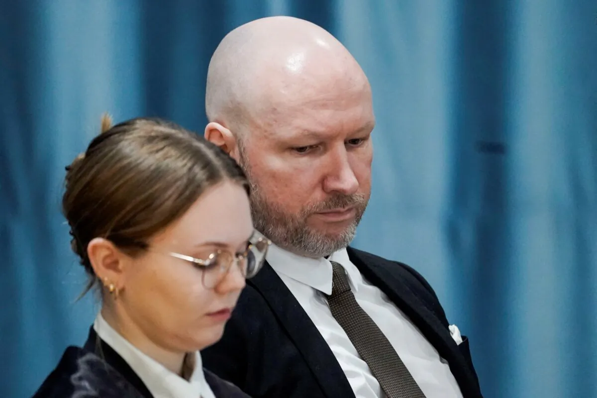 Anders Behring Breivik and attorney Marte Lindholm attend a court hearing at Ringerike prison, in Tyristrand, Norway, on Jan. 8, 2024. (Cornelius Poppe/NTB/via Reuters)