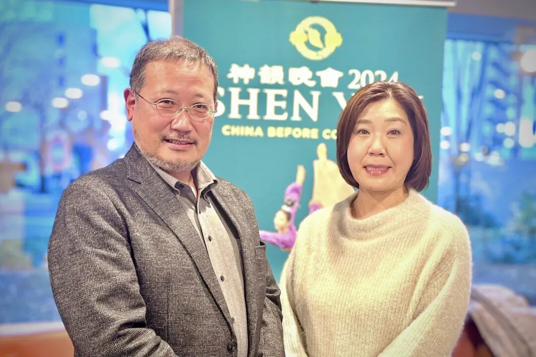 Mr. and Mrs. Sekiguchi at the Shen Yun Performing Arts performance at Omiya Sonic City in Saitama, Japan, on Jan. 7, 2024. (Zhang Ying/The Epoch Times)