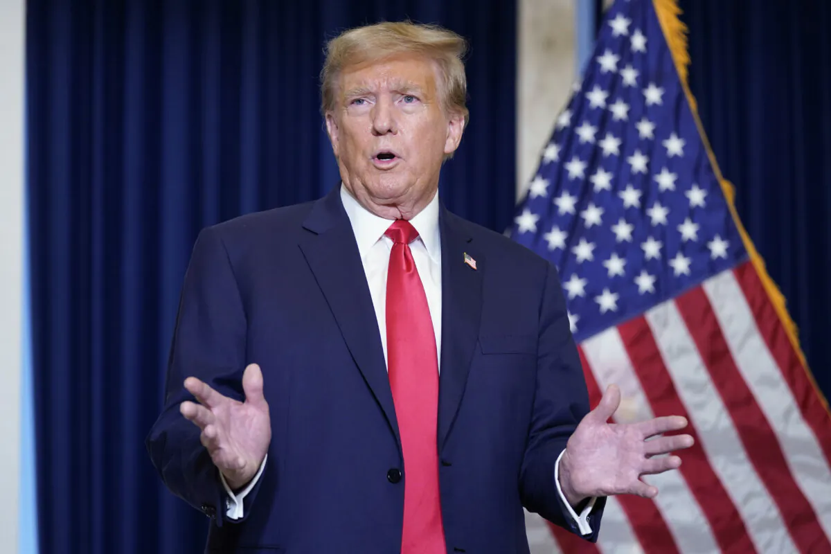 Former President Donald Trump speaks to the media at a Washington hotel, Tuesday, Jan. 9, 2024, after attending a hearing before the D.C. Circuit Court of Appeals at the federal courthouse in Washington. (AP Photo/Susan Walsh)