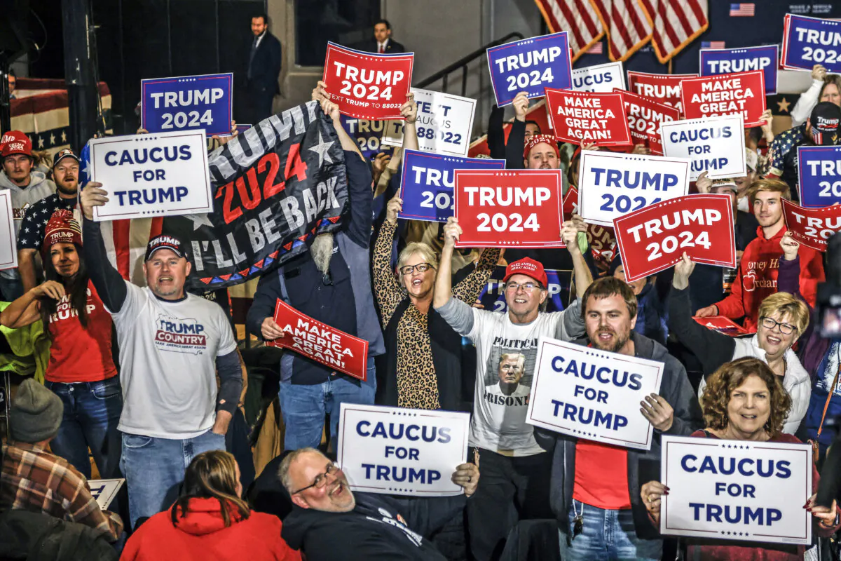 Supporters awaiting the arrival of Republican presidential candidate Donald Trump during a “Commit to Caucus” rally in Clinton, Iowa, on Jan. 6, 2024. (Tannen Maury/afp/AFP via Getty Images)