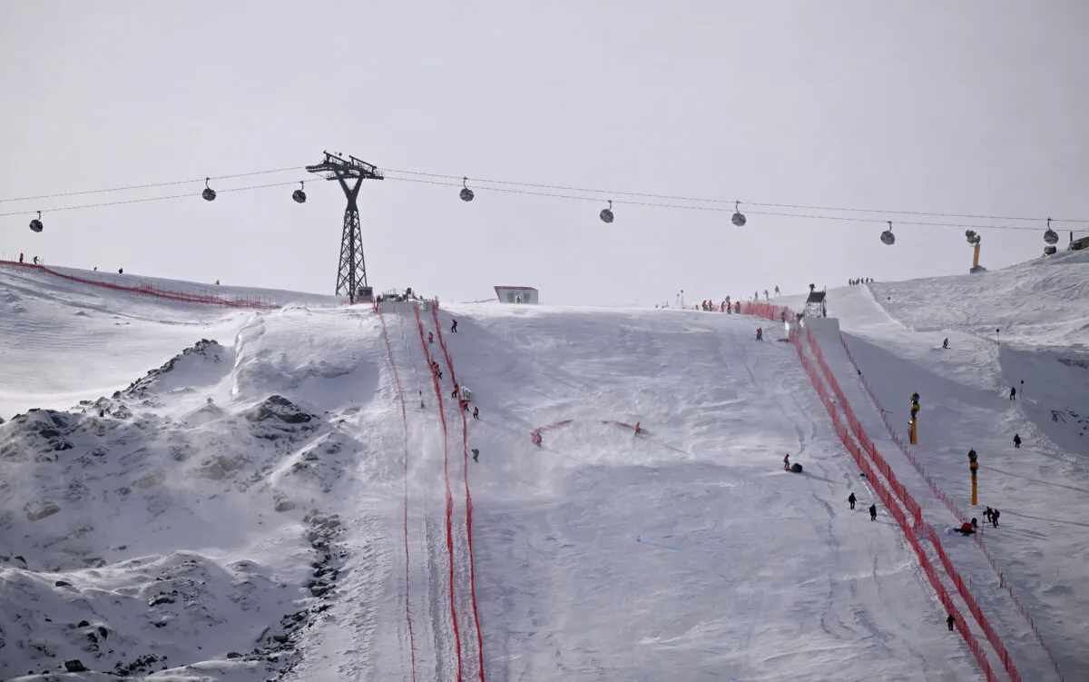 A cable car is seen over the ski run of the men's Giant Slalom event at the FIS Alpine Ski World Cup in Soelden, Austria, on Oct. 29, 2023. (Kerstin Joensson/AFP via Getty Images)