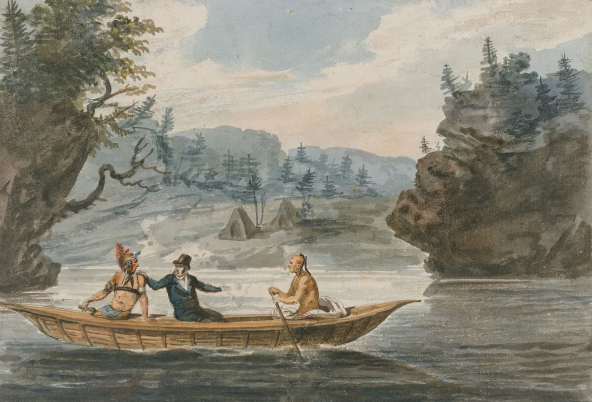 "Two Indians and a White Man in a Canoe," circa 1811–1813, by  Pavel Petrovich Svinin. The Metropolitan Museum of Art, New York City. (Public Domain)