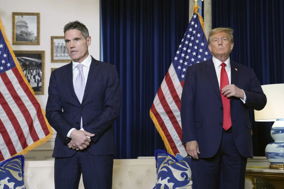 Former President Donald Trump's attorney John Lauro (L) speaks to the media before President Trump, at a Washington hotel, on Jan. 9, 2024, after Trump attended a federal appeals court hearing at the federal courthouse in Washington. (Susan Walsh/AP Photo)