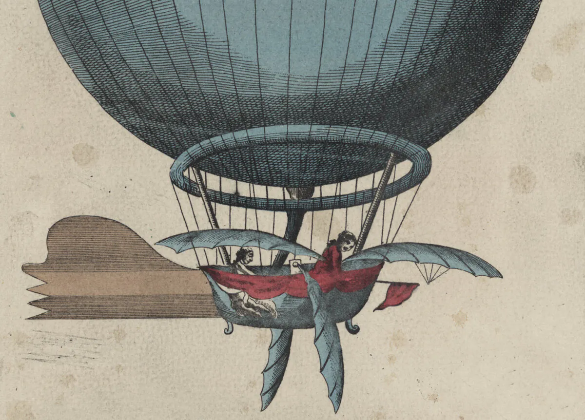 A detail of Jean Pierre Blanchard and John Jefferies arriving in Calais after crossing the English Channel in a hot air balloon. Library of Congress. (Public Domain)