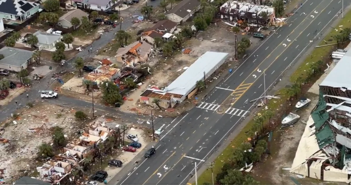A tornado left a path of destruction seen through portions of Panama City Beach, Fla. on Jan. 9, 2024 in this screenshot taken from aerial footage. (Jimmy Patronis/Screenshot via X)
