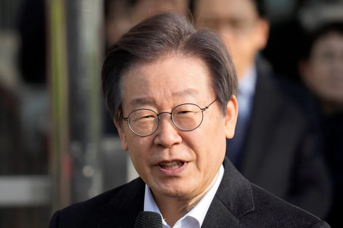 South Korean opposition leader Lee Jae-myung speaks as he leaves a hospital in Seoul, South Korea, on Jan. 10, 2024. (Lee Jin-man/AP Photo)