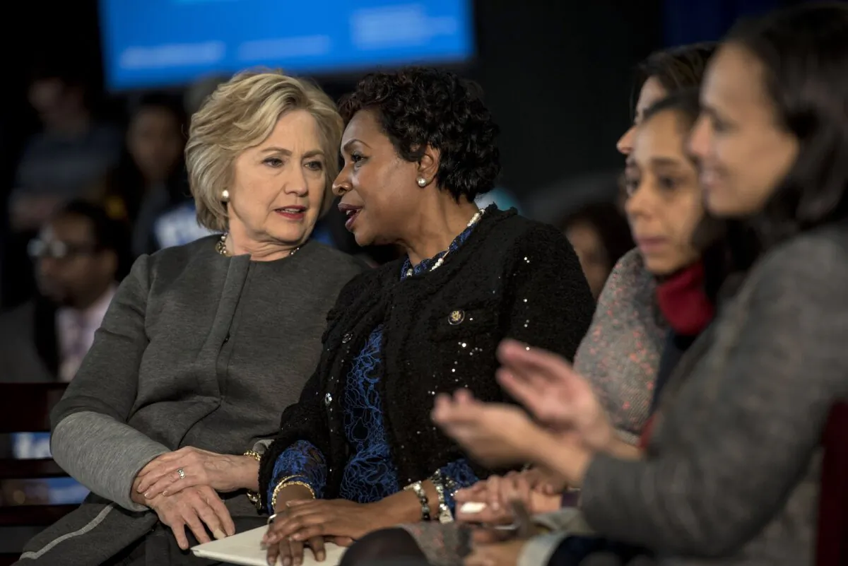 Then presidential candidate Hillary Clinton and Rep. Yvette Clarke (D-N.Y.) sit together at an event in New York City, on April 5, 2016. (Andrew Renneisen/Getty Images)