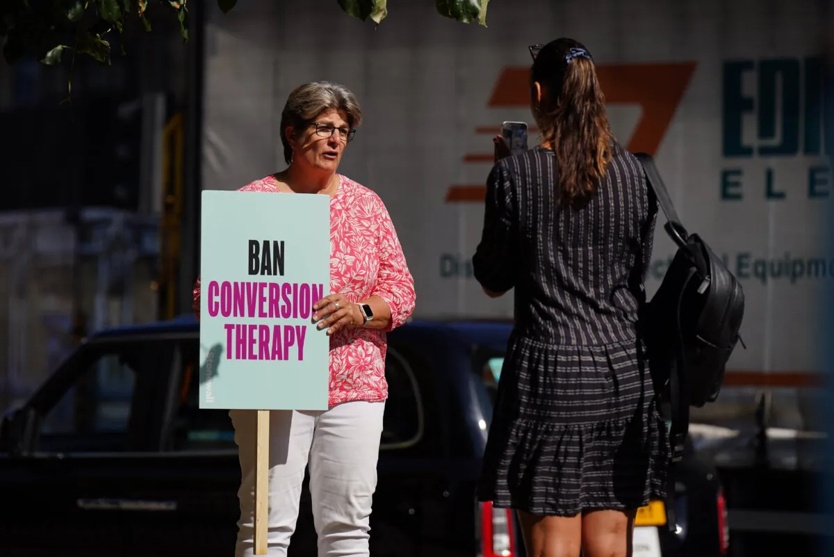 Members of the Ban Conversion Therapy Coalition during their rally in Westminster, London on Sept. 14, 2023. (Aaron Chown/PA Wire)