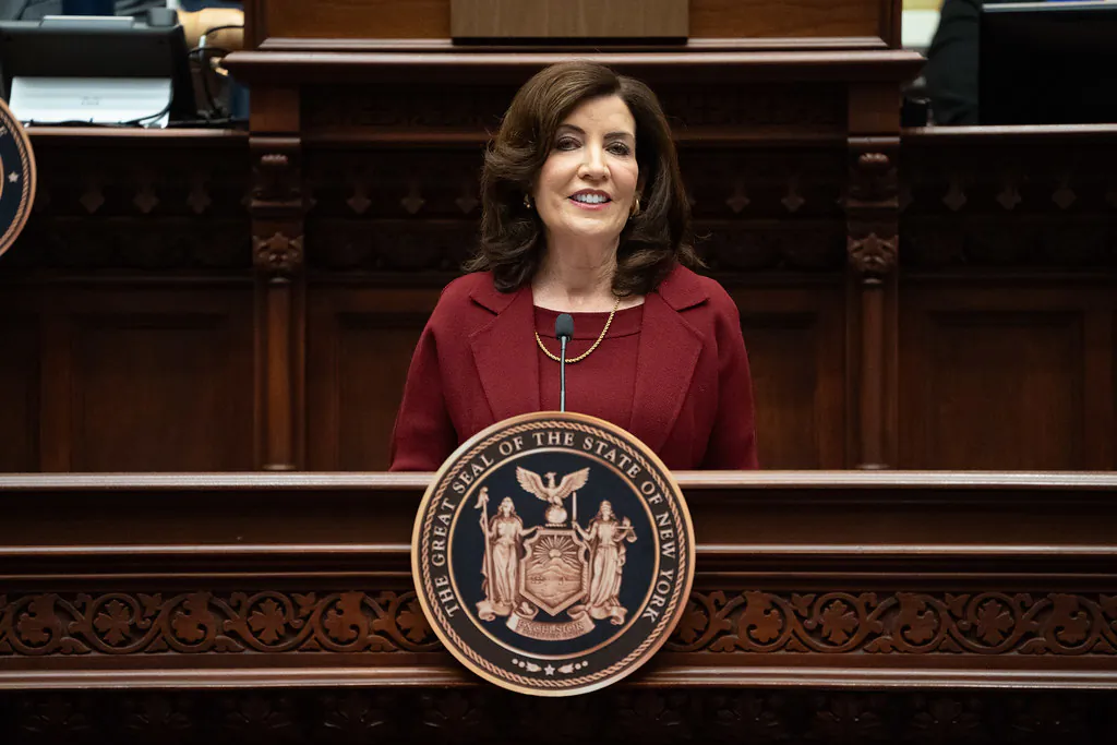 New York Gov. Kathy Hochul delivers the 2024 State of the State address in Albany, N.Y., on Jan. 9, 2024. (Courtesy of Gov. Kathy Hochul's Office)