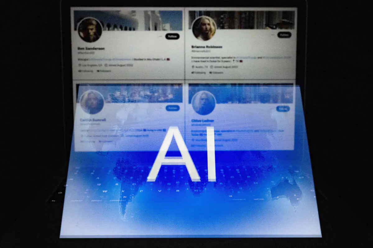 An AI logo blended with four fake social media accounts with profile pictures apparently generated by AI software, taken in Helsinki, Finland, on June 12, 2023. (Olivier Morin/AFP via Getty Images)