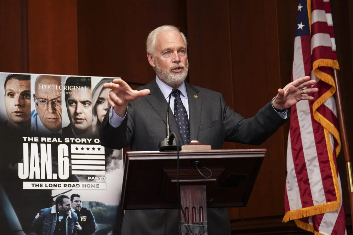 Sen. Ron Johnson (R-Wis.) speaks at the congressional screening and premiere of the Epoch Times documentary “The Real Story of Jan. 6, Part 2: The Long Road Home,” at the U.S. Capitol in Washington on Jan. 9, 2024. (Samira Bouaou/The Epoch Times)