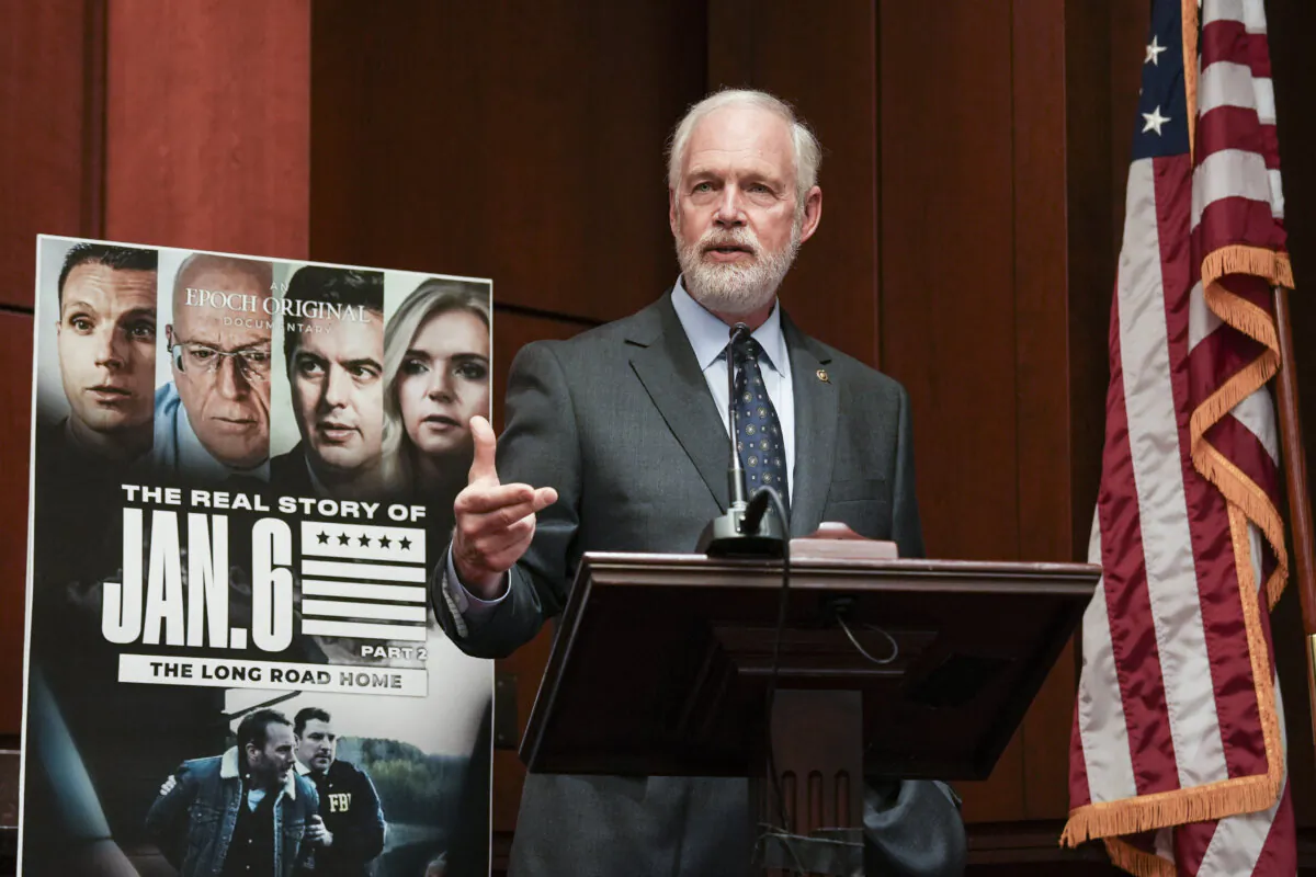 Sen. Ron Johnson (R-Wis.) speaks at the congressional screening and premiere of the Epoch Times documentary “The Real Story of January 6, Part 2: The Long Road Home,” at the U.S. Capitol in Washington on Jan. 9, 2024. (Samira Bouaou/The Epoch Times)