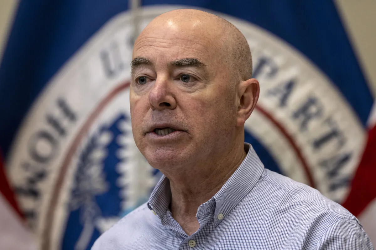 Department of Homeland Security Secretary Alejandro Mayorkas holds a press conference at a U.S. Border Patrol station in Eagle Pass, Texas, on Jan. 8, 2024. (John Moore/Getty Images)