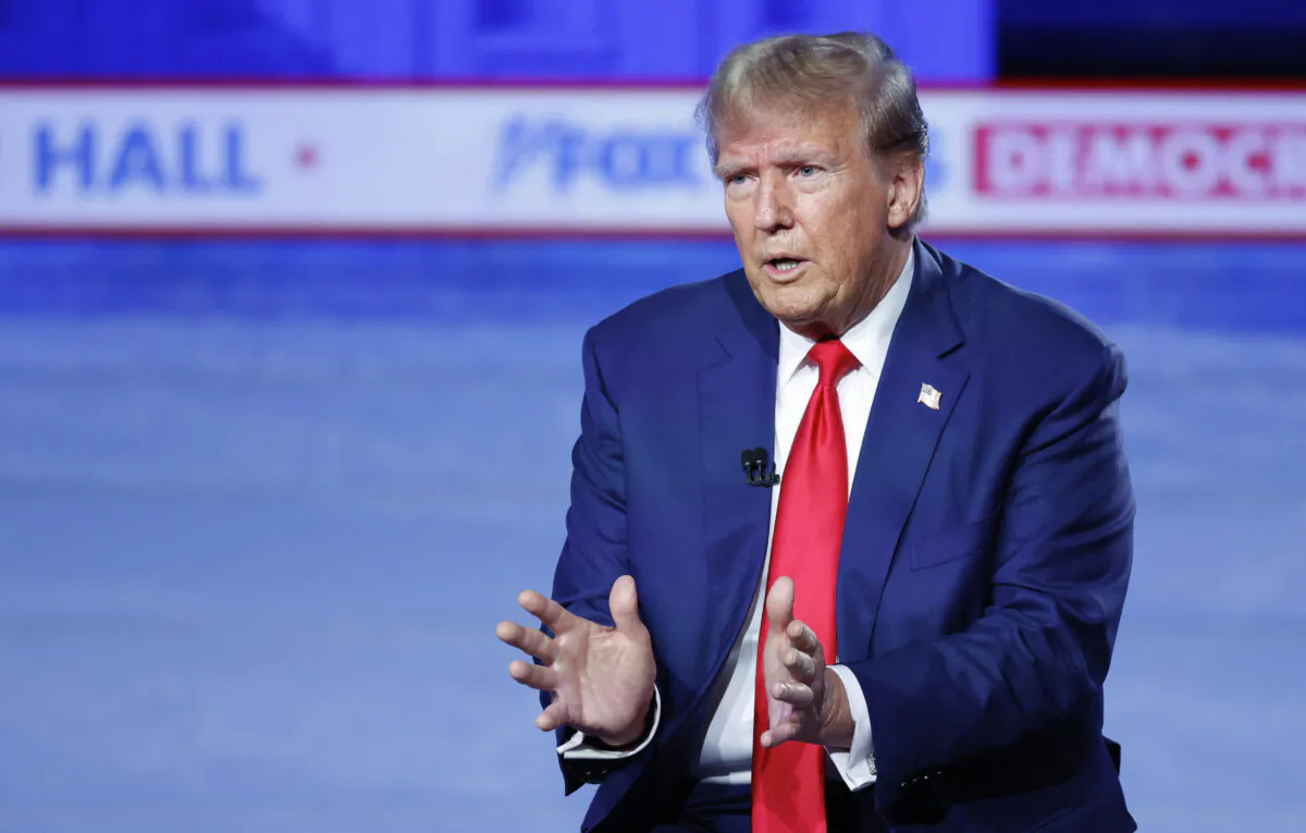 Former President and 2024 Republican presidential hopeful Donald Trump speaks during a town hall in Des Moines, Iowa, on Jan. 10, 2024. (Kamil Krzaczynski/AFP via Getty Images)