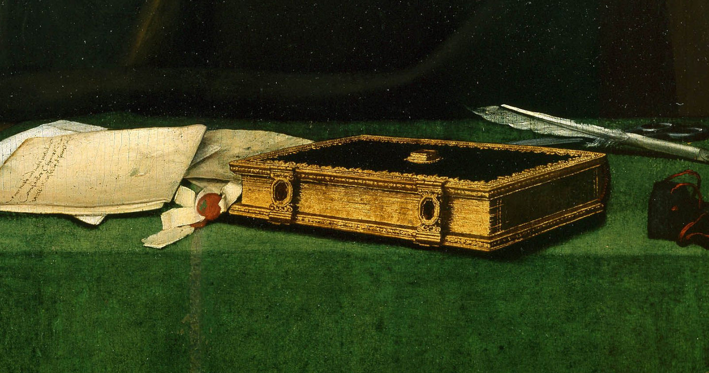 A detail of the Book of Hours from "Thomas Cromwell," 1532–1533, by Hans Holbein the Younger. 