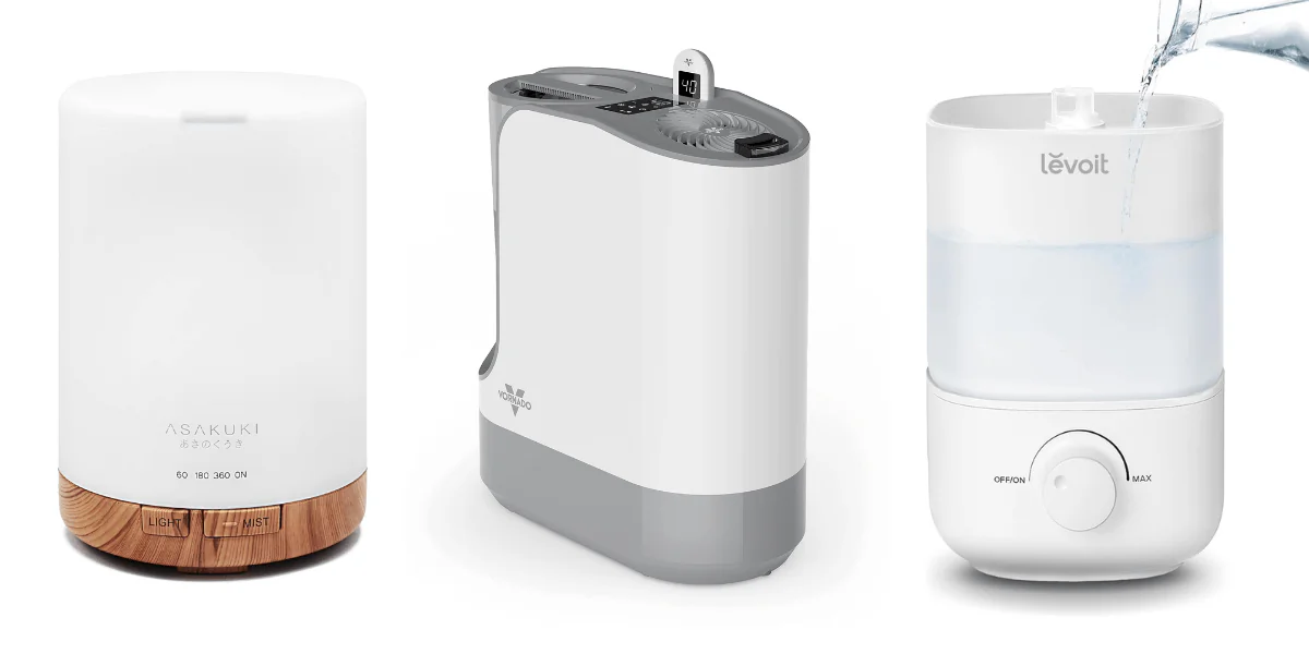 (Left) Asakuki Essential Oil Diffuser (Middle) Vornado UH200 Ultrasonic Humidifier (Right) Levoit Classic 160 Humidifier (Illustration by The Epoch Times, Amazon)