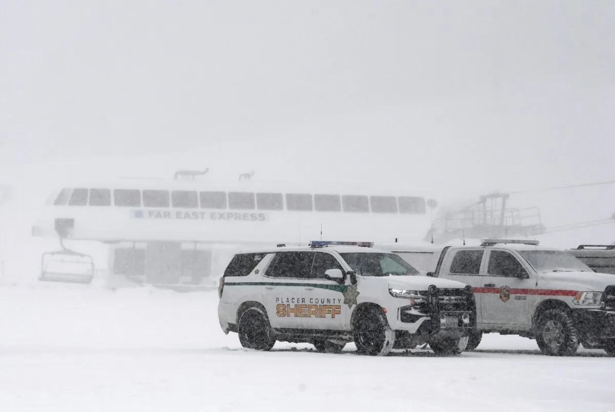 Placer County sheriff vehicles are parked near the ski lift at Palisades Tahoe where avalanche occurred in Tahoe, Calif., on Jan. 10, 2024. (Andy Barron/AP Photo)
