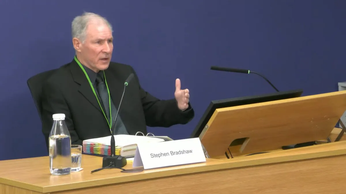 Screengrab of Post Office investigator Stephen Bradshaw giving evidence to phase four of the Post Office Horizon inquiry at Aldwych House, central London, on Jan. 11, 2024. (PA)