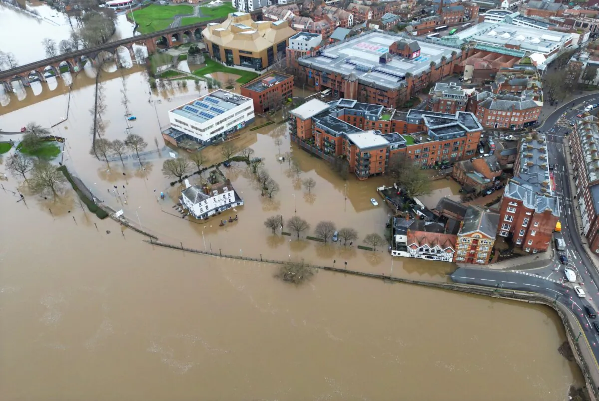 After heavy rainfall the river Severn floods the centre of Worcester, England on Jan. 4, 2024. (PA)