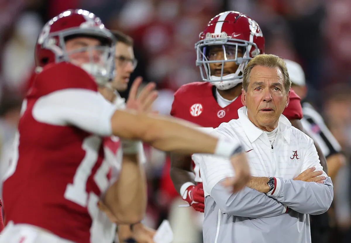 Head coach Nick Saban of the Alabama Crimson Tide looks on during pregame warmups at Bryant-Denny Stadium on in Tuscaloosa, Ala., on Nov. 4, 2023. (Kevin C. Cox/Getty Images)