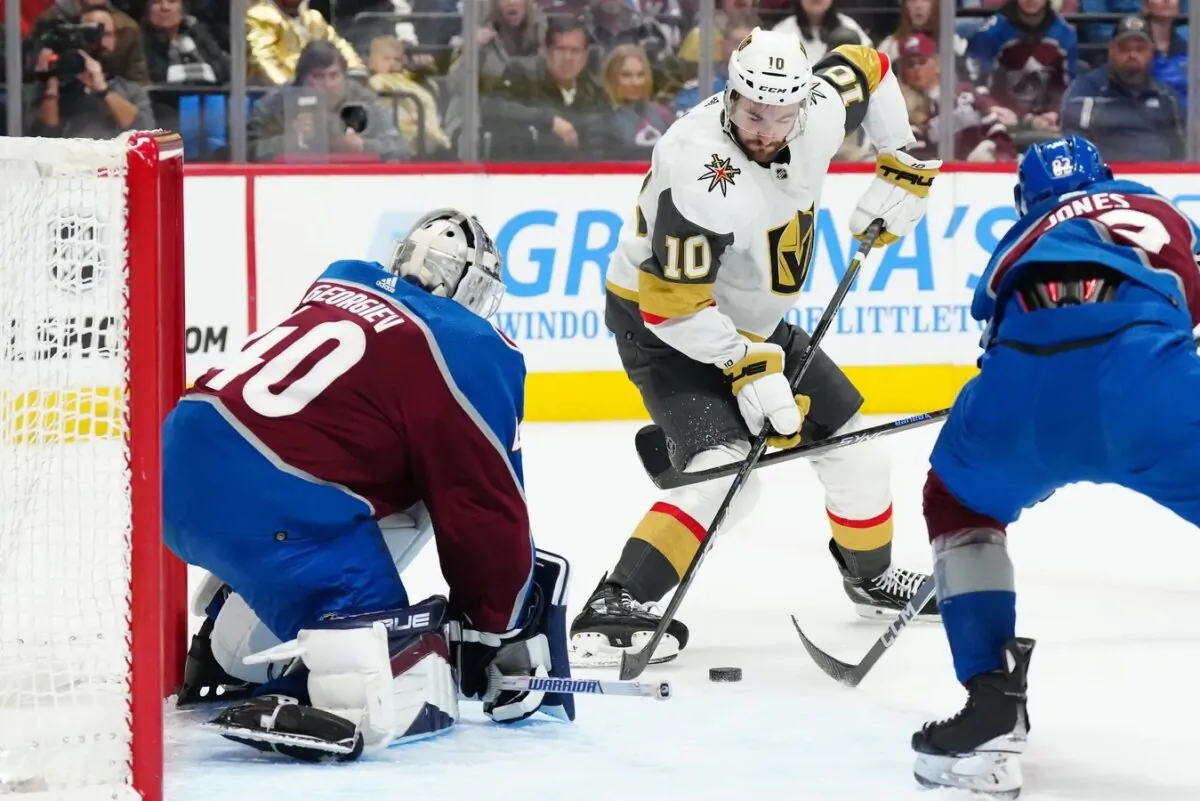 Vegas Golden Knights center Nicolas Roy (10) shoots the puck in Colorado Avalanche goaltender Alexandar Georgiev (40) in the first period at Ball Arena in Denver on Jan. 10, 2024. (Ron Chenoy/USA TODAY Sports via Field Level Media)