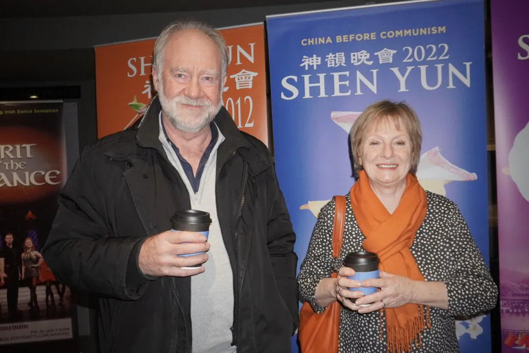 Paul and Patrina Johnson at the Shen Yun Performing Arts performance at New Victoria Theatre in Woking, U.K., on Jan. 11, 2024. (Mary Mann/The Epoch Times)