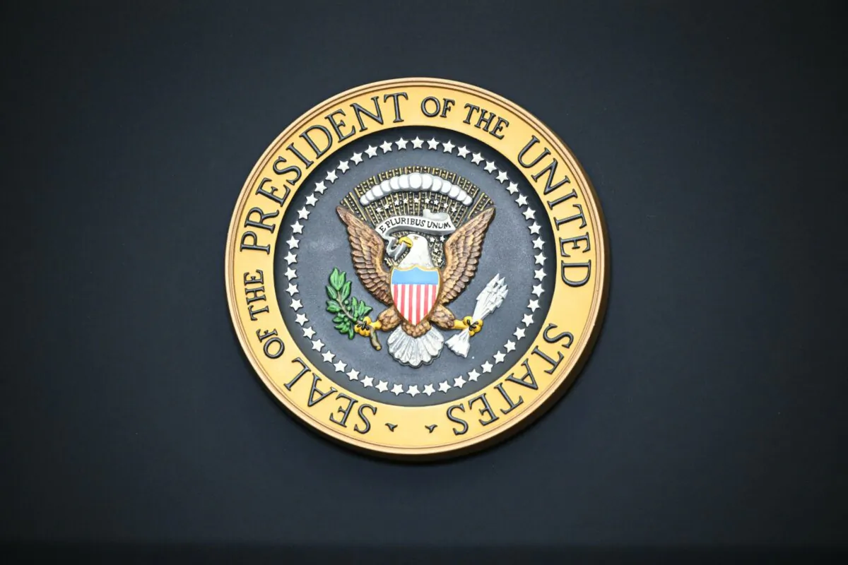 The seal of the President of the United States (POTUS) is displayed on a podium prior to remarks by President Joe Biden in the Roosevelt Room of the White House in Washington, D.C., on Dec. 6, 2023. (Mandel Ngan/AFP via Getty Images)