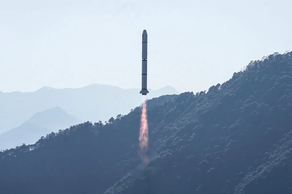 A Long March-2C rocket, carrying the Einstein Probe satellite, lifts off from the Xichang Satellite Launch Center in Xichang, in southwestern China's Sichuan province, on Jan. 9, 2024. (STR/AFP via Getty Images)