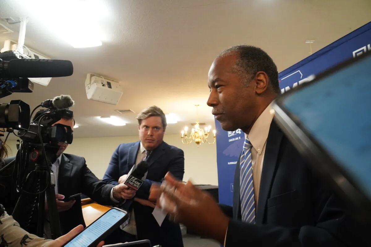 Dr. Ben Carson takes questions from the press after a Trump faith event in Marion, Iowa, on Jan. 11, 2024. (Nathan Worcester/The Epoch Times)