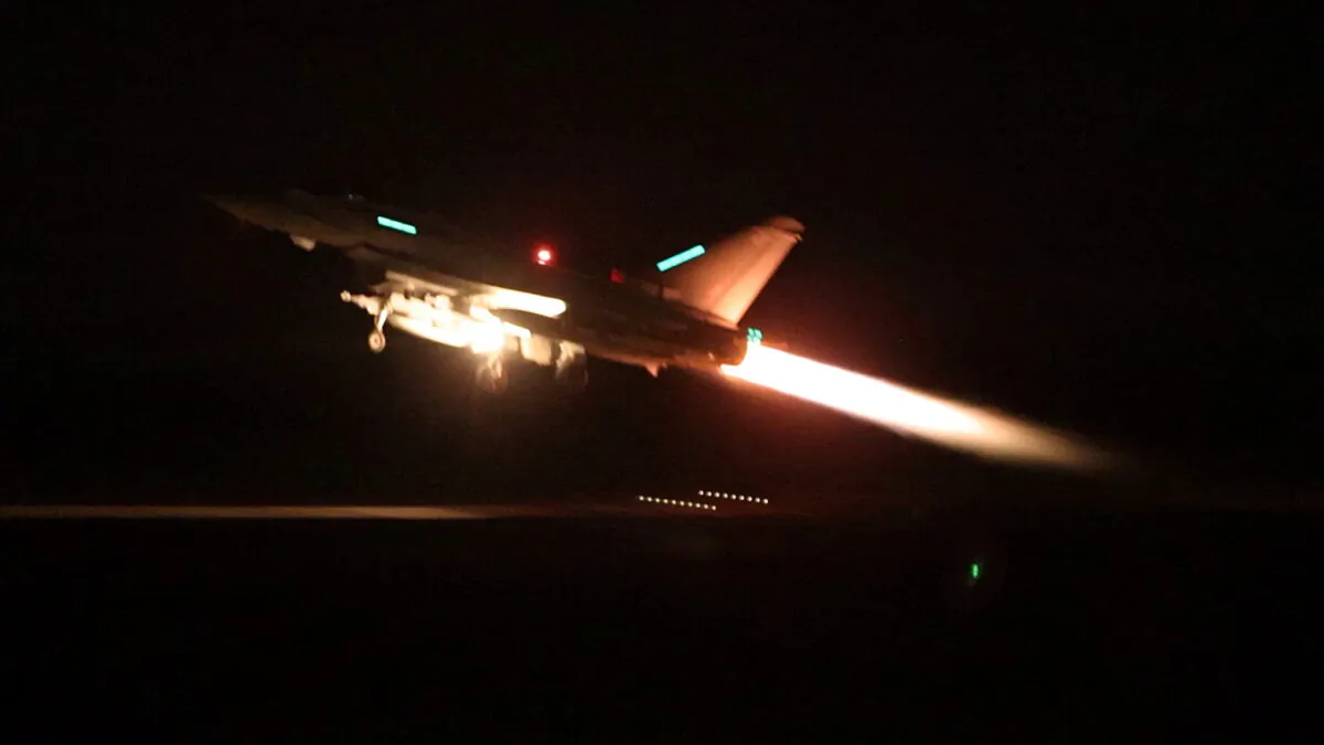 An RAF Typhoon aircraft takes off to join the U.S.-led coalition from RAF Akrotiri to conduct air strikes against military targets in Yemen, aimed at the Iran-backed Houthi militia that has been targeting international shipping in the Red Sea, in Cyprus, in this handout picture released on Jan. 12, 2024. (UK MOD/Handout via Reuters)