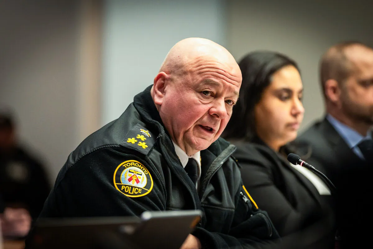 Toronto Police Service (TPS) Chief of Police Myron Demkiw speaks at the TPS monthly board meeting on Jan. 11, 2024. Mr. Demkiw announced the arrest of a Toronto man, charged with public incitement of hatred for displaying what the police described as a "terrorist flag" during a protest in downtown Toronto on Jan. 7, 2024.(Courtesy of TPS)