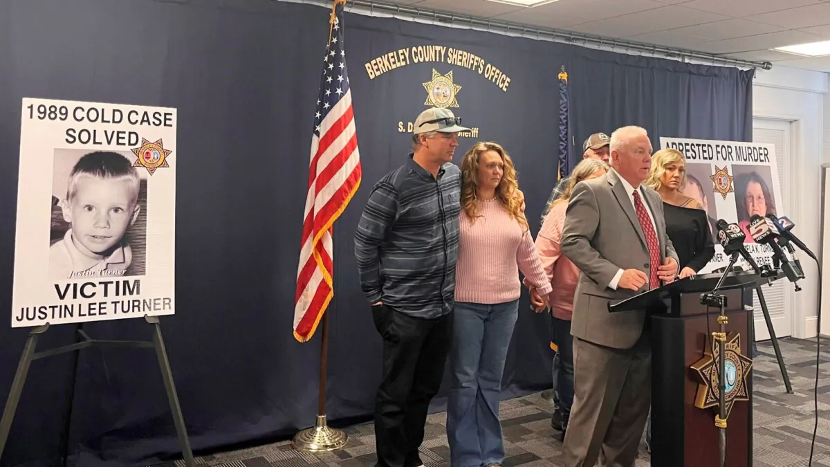 Berkeley County Sheriff Duane Lewis announces the arrests of the father and stepmother of a 5-year-old boy killed on 1989 during a news conference, in Moncks Corner, S.C., on Jan. 10, 2024. (Kailey Cora/The Post And Courier via AP)
