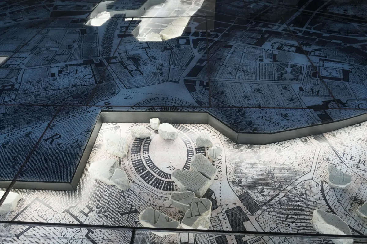 The giant marble map (Forma Urbis Romae) of the ancient Rome is shown to the media in the Archaeological Park of Mount Celio Museum overlooking the Colosseum in Rome on Jan. 11, 2024. (Gregorio Borgia/AP Photo)