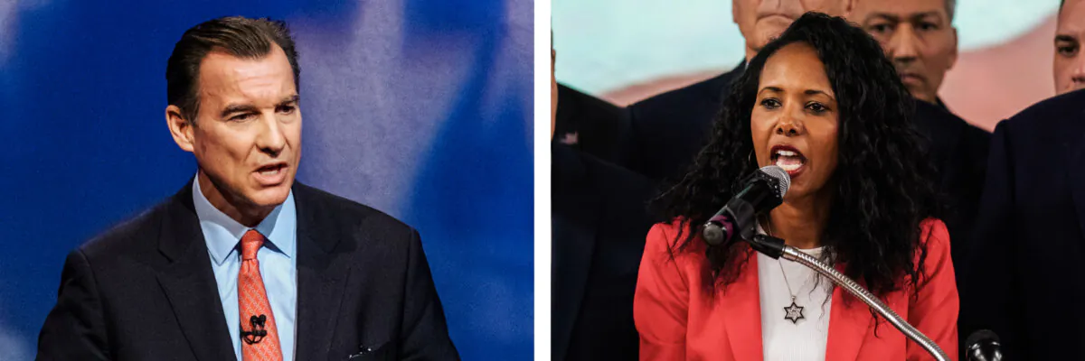 (Left) Rep. Tom Suozzi (D-N.Y.) debates in the race for governor at the studios of WNBC4-TV June 16, 2022 in New York City. 
(Right) Nassau County legislator Mazi Melesa Pilip speaks during a press conference at American Legion Post 1066 on Dec. 15, 2023, in Massapequa, New York. 
(Craig Ruttle-Pool/Getty Images, Adam Gray/Getty Images)
