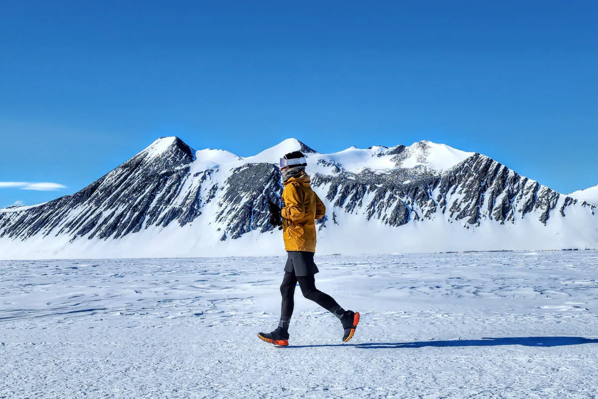 A supplied image shows Melbourne woman Donna Urquhart running an ultramarathon in Antarctica, Dec. 28, 2023. (AAP Image/Supplied by Donna Urquhart) 