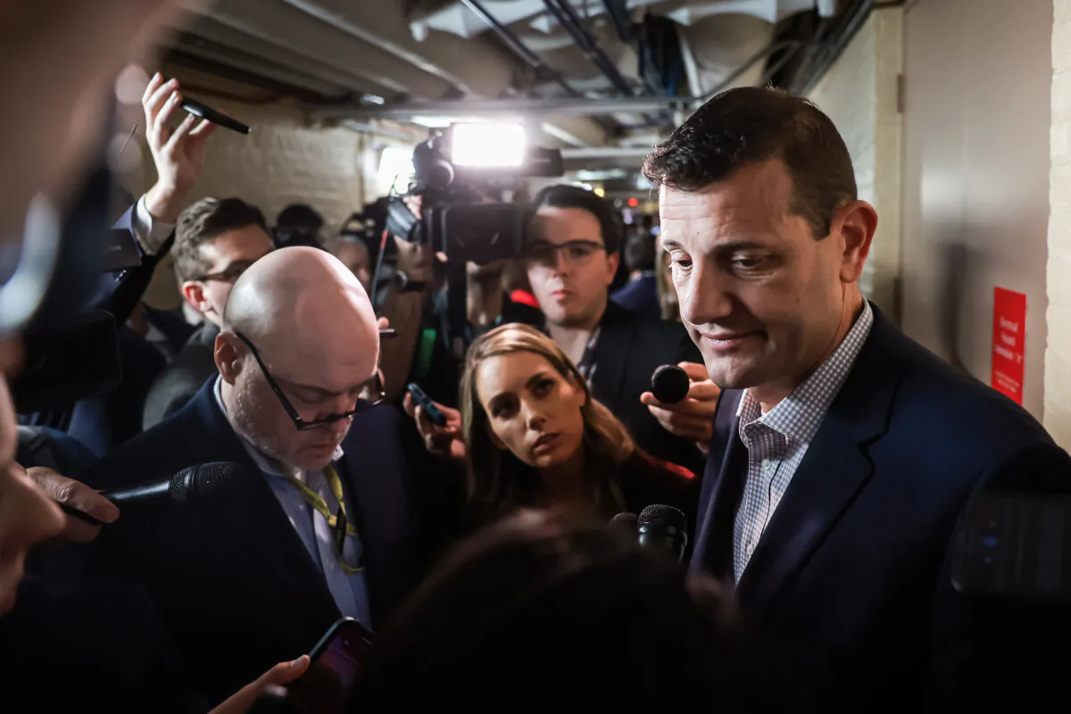 Rep. David Valadao (R-Calif.) speaks to reporters as he leaves a House Republican caucus at the U.S. Capitol on Oct. 12, 2023. (Joe Raedle/Getty Images)
