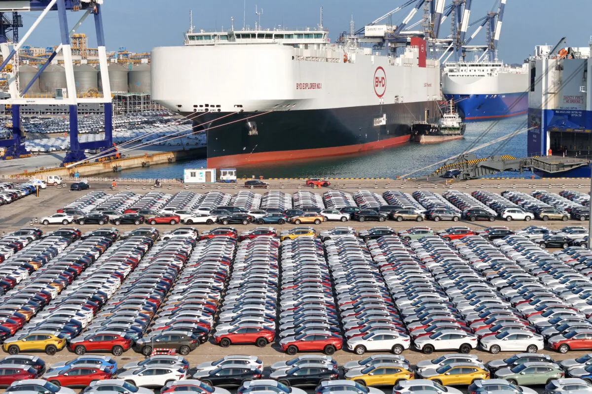 Electric cars for export waiting to be loaded on the "BYD Explorer NO.1", a domestically manufactured vessel intended to export Chinese automobiles, at Yantai port, in eastern China's Shandong province, on Jan. 10, 2024. (STR/AFP via Getty Images)