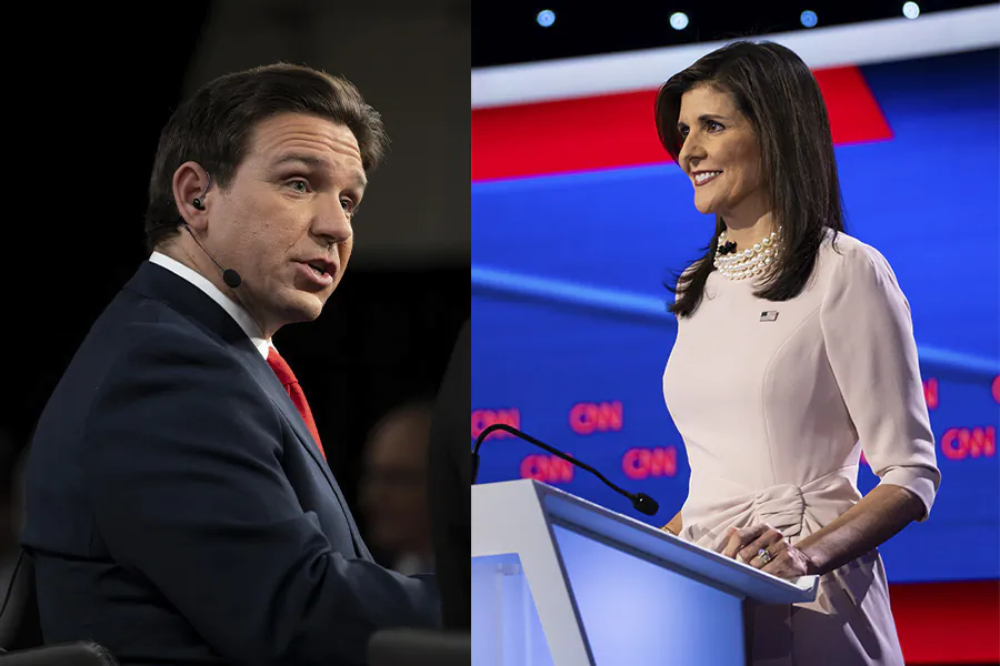 Republican presidential candidates Florida Gov. Ron DeSantis (L) and former South Carolina Gov. Nikki Haley (R) participate in CNN's GOP presidential primary debate at Drake University in Des Moines, Iowa, on Jan. 10, 2024. (Madalina Vasiliu/The Epoch Times)