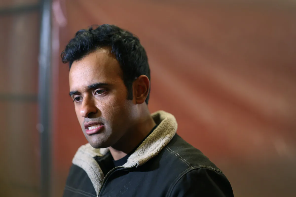 Republican presidential candidate businessman Vivek Ramaswamy speaks to the media after addressing a rally at the Iowa State Capital building hosted by Free Soil to oppose building a CO2 pipeline on Jan. 10, 2024, in Des Moines, Iowa. (Photo by Scott Olson/Getty Images)