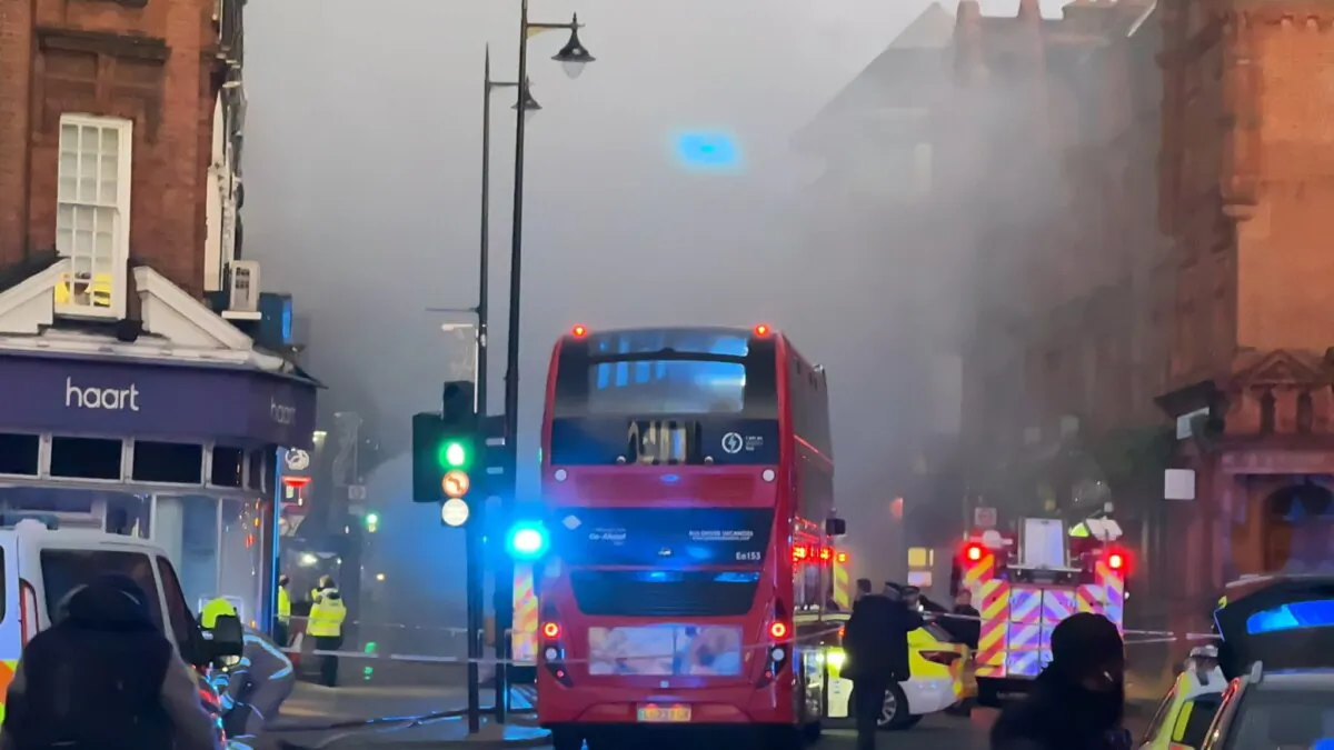 Photo taken with permission from the social media site X, formerly Twitter, posted by @StevenW65432097, of the scene after an electric double decker bus Wimbledon Hill Road in south west London on 
Jan. 11, 2024. (@StevenW65432097/PA)
