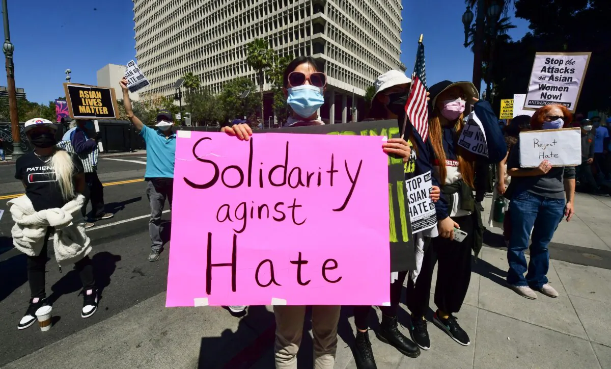 Social activists gather for a demonstration at City Hall in Los Angeles, Calif., on March 27, 2021. (Frederic J. Brown/AFP via Getty Images)