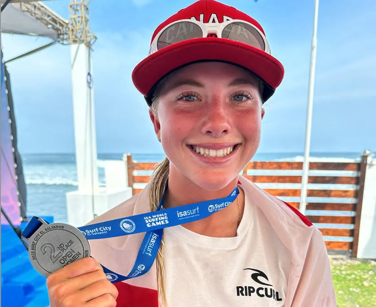 Teenager surfer Erin Brooks is shown in this handout image at the ISA World Surfing Games on June 7, 2023. (The Canadian Press/HO-Surf Canada-Dom Domic)