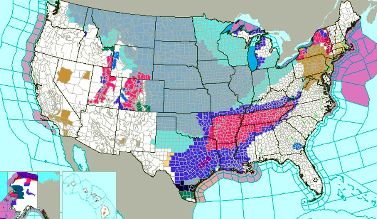 A U.S. National Weather Service map posted on Jan. 14, 2024, shows various weather alerts and advisories across the United States. (NWS)